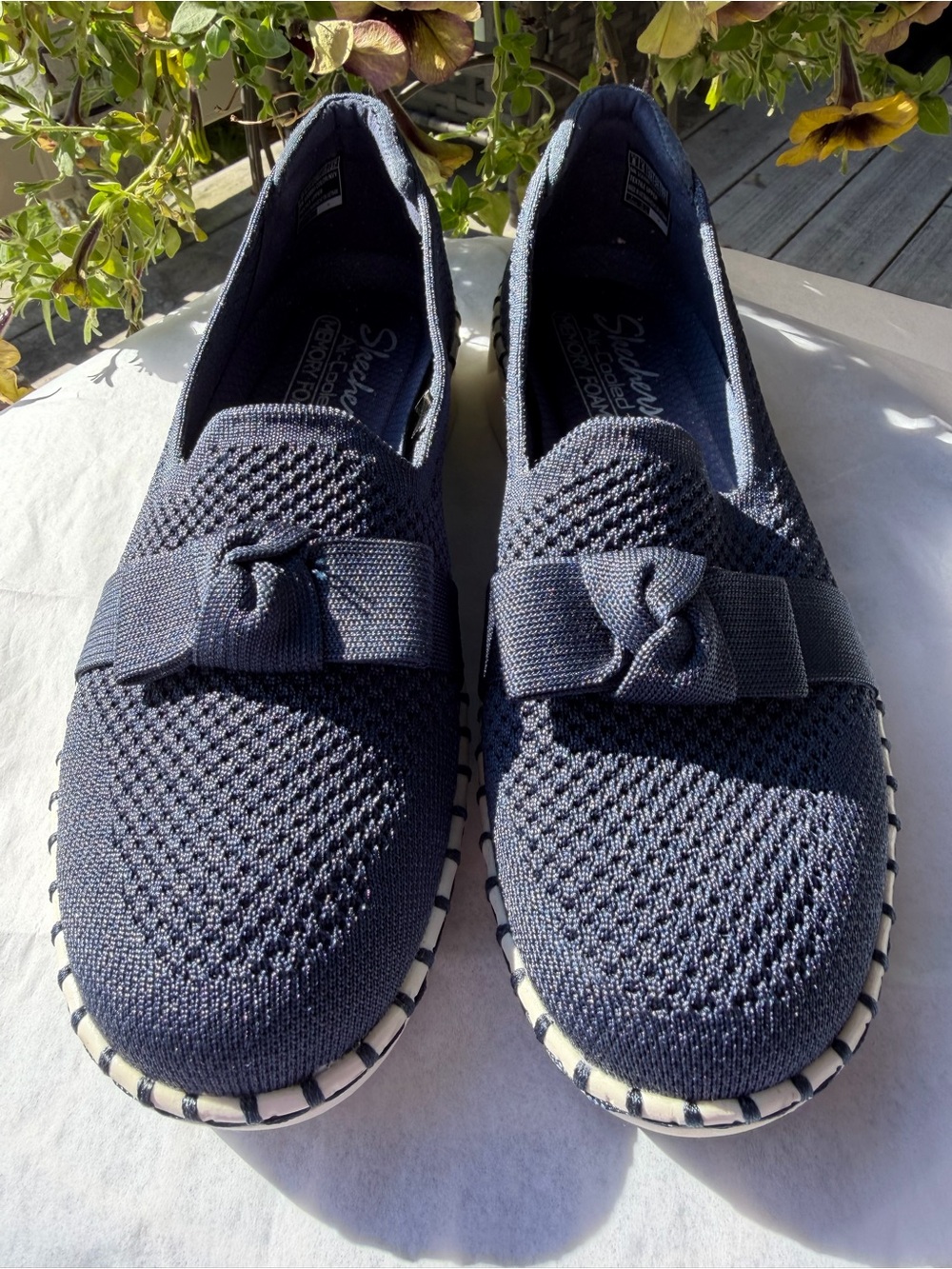 Skechers Navy Knit Slip-On Loafers with Bow Accent